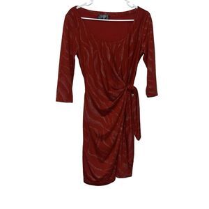 GUESS Women’s Faux Wrap Lined Dress Size 4 Red/Gold 3/4 Sleeve